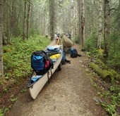 Portaging among the trees of the Bowron Lakes