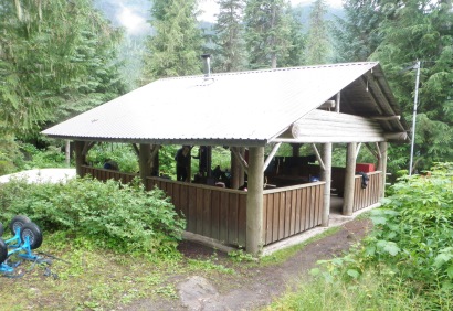 Cooking shelter in a Bowron Lakes group camp